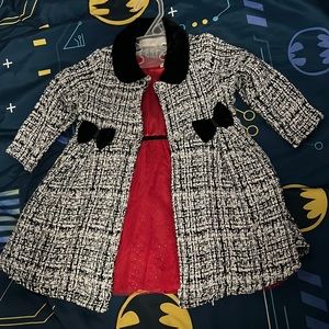 Red dress with black and white overcoat